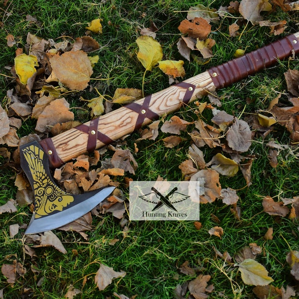 VIKING FORGED AXE, Camping Axe, Hand Forged Axe, Handmade Viking Axe, High Carbon Steel Fixed Blade Battle Ready Axe With Wooden Handle