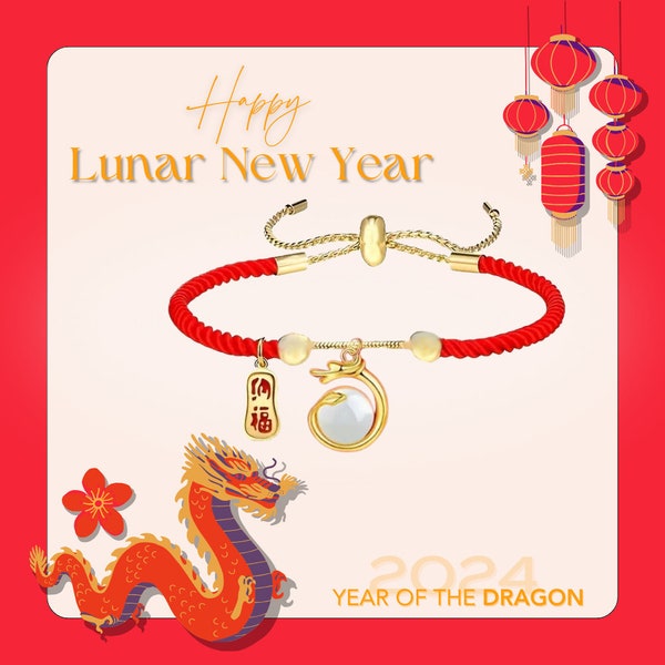 Lunar New Year 2024 Dragon Bracelet - Red Rope with Gold Details & White Stone