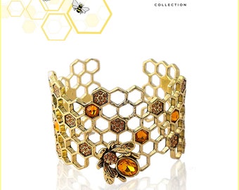 Honeycomb Bee Cuff Bracelets - Crystal Bee Cuff Bracelets - Antique Gold Colored Bracelets - Modern Designed Bracelets - Jewelry Gift Ideas