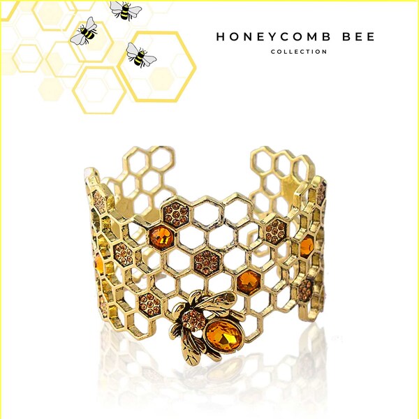 Honeycomb Bee Cuff Bracelets - Crystal Bee Cuff Bracelets - Antique Gold Colored Bracelets - Modern Designed Bracelets - Jewelry Gift Ideas