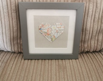 Simple Origami Heart In Map Paper chosen Location, Special Location, Framed, Personalised Gift, Wedding, New Home, Engagement, Anniversary