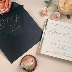 Inviti per matrimonio con dettagli in lamina d'oro, biglietti d'invito di lusso, biglietti di matrimonio in lamina d'oro, bordi dorati speciali, supporto personalizzato del designer