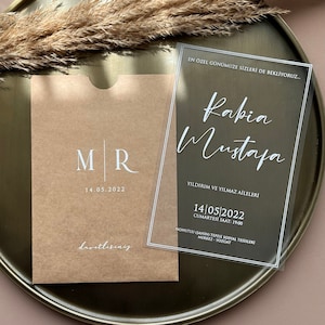 Invitación de boda transparente impresa en papel blanco, invitación de acrílico, tarjetas de invitación de boda de acrílico con sobre Kraft