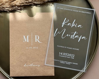 White Foil Printed Acrylic Wedding Invitation with Kraft Envelope
