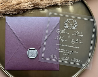 Transparent wedding invitation, acrylic invitation, wax seal invitations, ivy luxury envelope