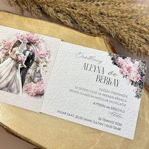 Biglietti di nozze scorrevoli con sposi. Invito a scorrimento 3D per la sposa. Biglietto d'invito a scorrimento con motivo floreale, inviti a strappo.