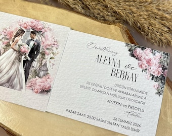3D Sliding Wedding Invitation: Floral Bride & Groom Card