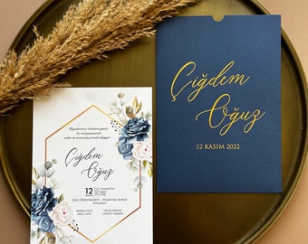 Tarjetas de boda florales, invitación acrílica, invitaciones con sello de cera, sobre azul marino