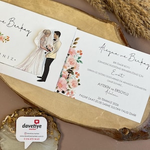 Convite de casamento deslizante com noiva e noivo. Convite de noiva deslizante 3D. Convite mágico. Folhagens e rosas cor-de-rosa. Cartões de casamento 3D