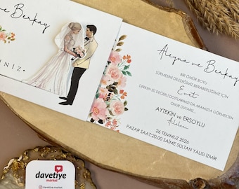 3D Sliding Wedding Invitation: Bride & Groom, Pink Roses