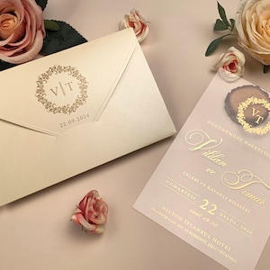 Biglietti d'invito di lusso in lamina d'oro, invito acrilico, biglietto sigillato con cera, biglietto d'invito con busta bordeaux con materiale speciale