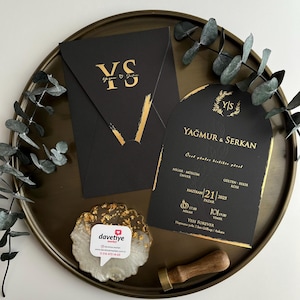 Invitaciones de boda, invitaciones de boda con papel dorado, invitaciones, sobre de color negro, tarjetas de invitación de boda de alta calidad con juego negro, con amor