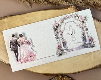 3D Sliding Wedding Invitation: Greenery, Pink Roses, Bride & Groom