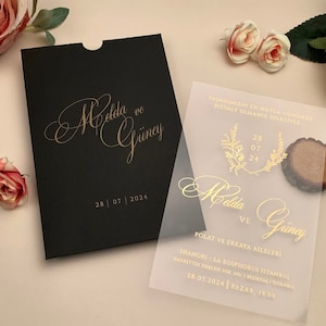 Cartão de convite de casamento transparente com envelope preto, materiais de qualidade, fabricante, preço barato, impressões brilhantes em preto ou dourado