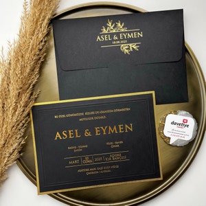 Inviti di nozze di produzione speciale con set nero, supporto di progettazione personalizzato, dettagli speciali in oro, materiale di qualità nero, produzione rapida
