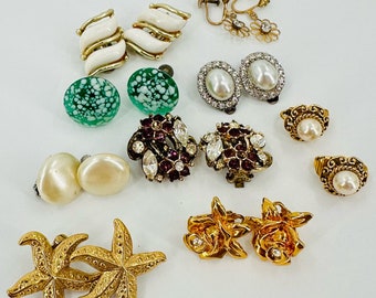 9 Clip-On Screwback Earrings Lot Rhinestone Faux Pearl Brutalist Vintage