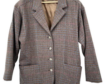 Tanner Karierter Hahnentritt Oversized Woll Blazer Vintage Damen Large Braun Rot