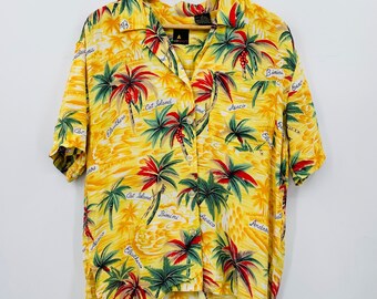 Vintage Womens Hawaiian Camp Shirt Blouse Liz Sport Medium Yellow Palm Trees