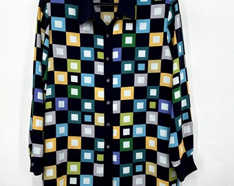 Vintage Lori by AM Casuals Abstrakte Quadrat Bold Navy Blau Bluse Damen Größe 14