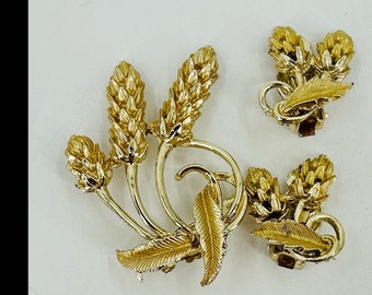 Vintage trigo gavilla flor broche pin & clip-on pendiente conjunto tono oro medio oeste