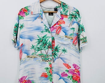 Vintage Womens Hawaiian Camp Shirt Blouse Liz Sport Medium White Palm Trees