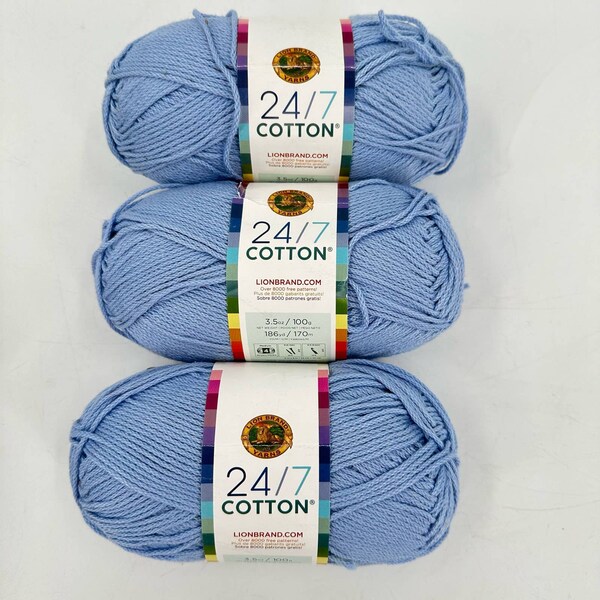 Lion Brand 24/7 Mercerized Cotton Yarn Sky Blue #1071 3 Skeins 3.5 oz. 186 yd