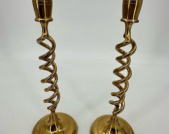 2 bougeoirs coniques en laiton, orge ouvert, spirale torsadée, 30,5 cm vintage