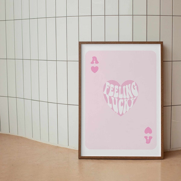 Ace of Heart Feeling Lucky Poster, Trendige Raumdekoration, Spielkartenposter,Pinke Wandkunst,Funky Maximalistische Dekor,Digitaler Download