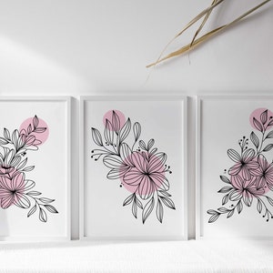 Flower Line Art Prints, Botanical Prints Set of 3, Minimal Floral ...