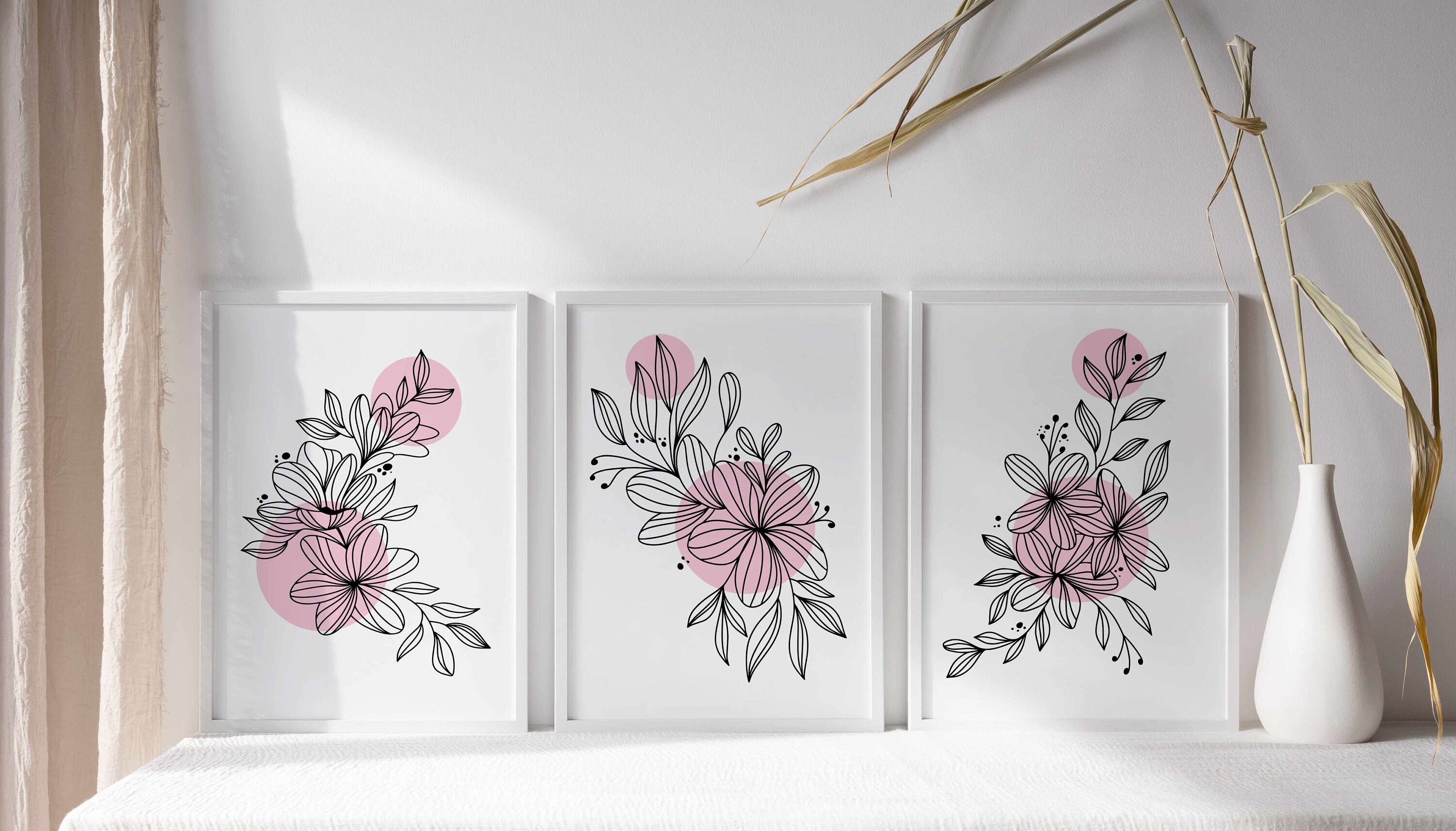 Flower Line Art Prints, Botanical Prints Set of 3, Minimal Floral ...