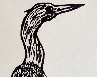 Stillness- Heron Linocut Print, Deep Violet Ink on White, Heron Print