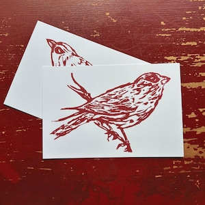 Juego de postales de pájaros: 2 postales, 2 diseños: impresiones "Cuando los seres queridos están cerca I y II", impresión por inyección de tinta, tinta roja sobre postales blancas.