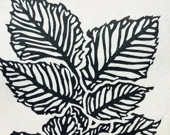 Elm- Linocut Print, Black Ink on Unbleached Mulberry Paper, Elm Leaf Print, Nature Print, Leaf Print