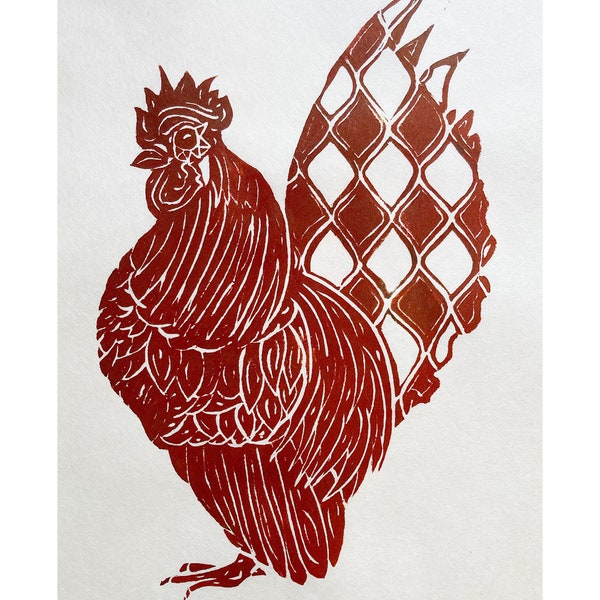 Harlequin- Rooster Linocut Print with Harlequin Pattern Tail, in Rust Red on Unbleached Mulberry