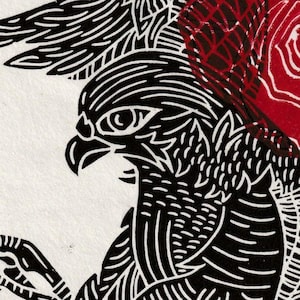 Calling for Roses: Peregrine Falcon Print and Rose Layered Print in Black and Red on Unbleached Mulberry Paper, Single Edition Print
