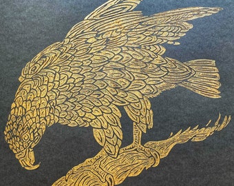 Close to the Sun- Golden Eagle Print, Eagle Linocut Print, Gold Ink on Matte Black Paper, Limited Edition