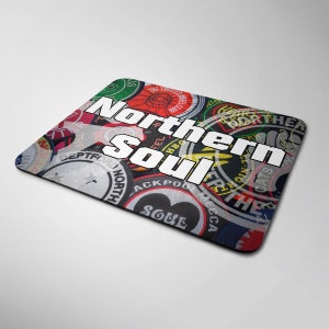 May include: A black and white mouse mat with a colourful pattern of vintage record labels. The text "Northern Soul" is printed in white on the mouse mat.