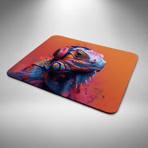 May include: A colourful, abstract design of an iguana wearing headphones. The iguana is blue, pink and purple with a bright orange background.