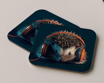 Hedgehog Coaster Music DJ Headphones Drinks Mat Square 9cm by 9cm