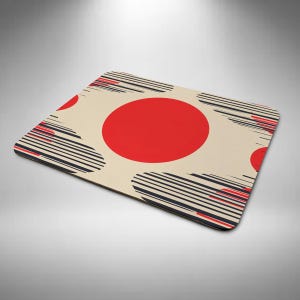 May include: A rectangular mouse mat with a beige background. It features a repeating pattern of large red circles and black and red striped ovals. The mat has a black border.