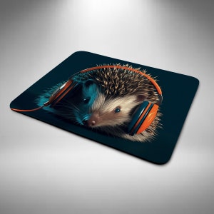 May include: A brown and white hedgehog wearing orange headphones against a dark blue background.