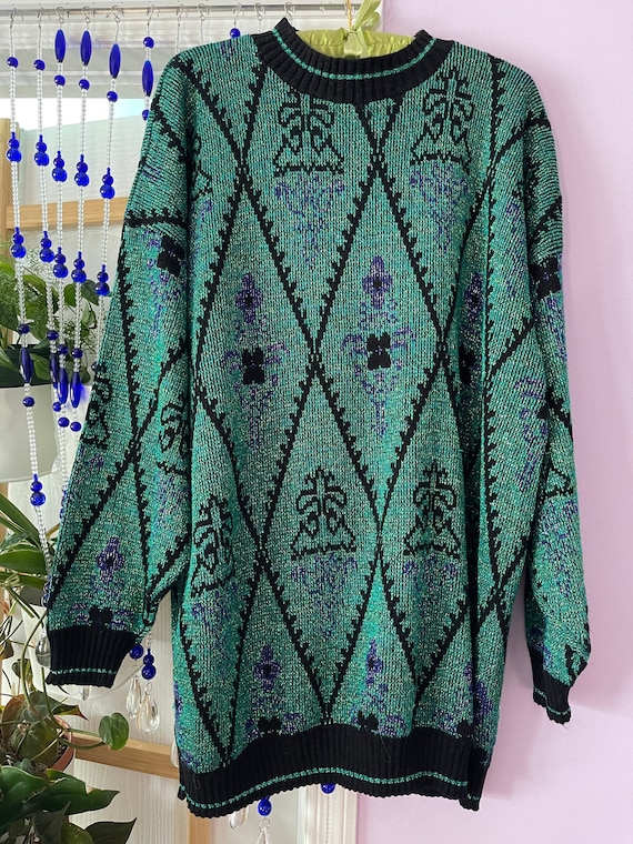 70/80s, Metallic diamond green oversize sweater - image 1
