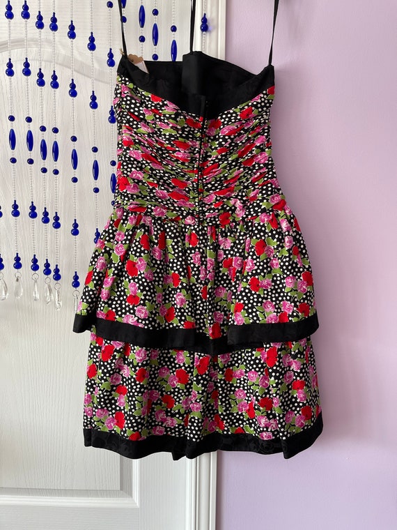 80/90s, silk, dark floral, tiered, strapless dress - image 3
