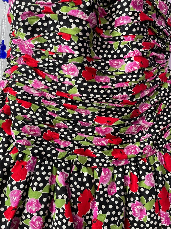 80/90s, silk, dark floral, tiered, strapless dress - image 2