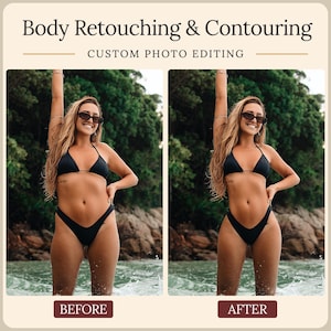 Puede incluir: Un gr&aacute;fico digital titulado Body Retouching & Contouring Custom Photo Editing que muestra dos fotos lado a lado de una persona en bikini negro de pie en el agua. La imagen de la izquierda est&aacute; etiquetada como BEFORE y la derecha como AFTER.