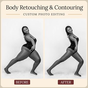 Puede incluir: Un gr&aacute;fico comparativo en blanco y negro titulado Body Retouching & Contouring Custom Photo Editing. Muestra dos im&aacute;genes lado a lado de una persona con un leotardo negro en una pose de estocada, etiquetadas como Before y After, mostrando cambios.