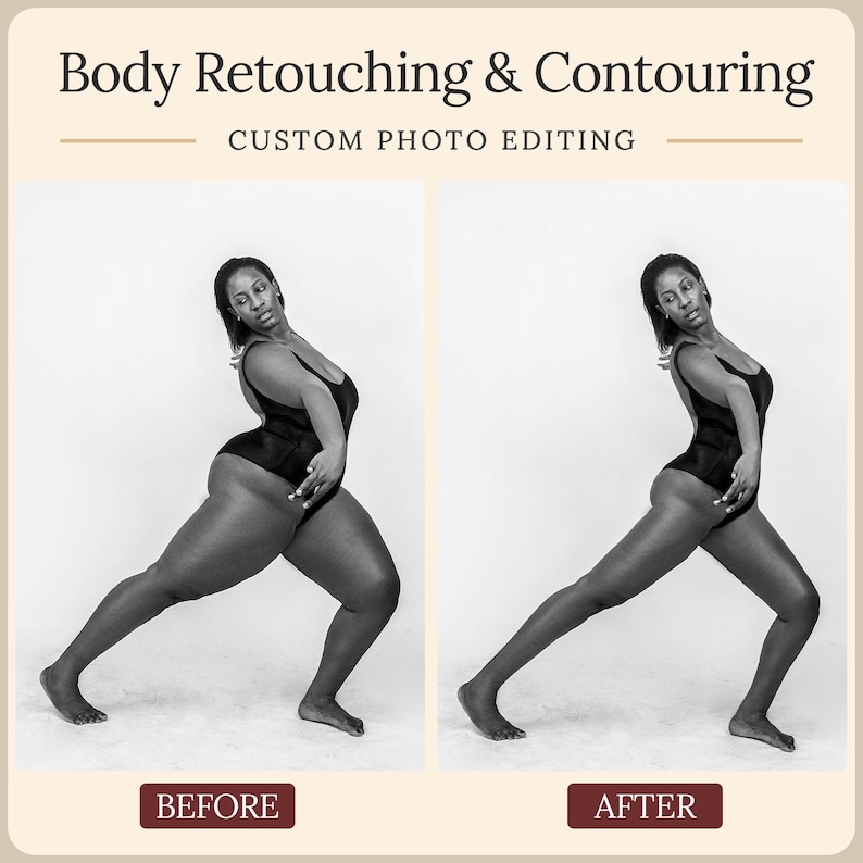 Puede incluir: Un gr&aacute;fico comparativo en blanco y negro titulado Body Retouching & Contouring Custom Photo Editing. Muestra dos im&aacute;genes lado a lado de una persona con un leotardo negro en una pose de estocada, etiquetadas como Before y After, mostrando cambios.