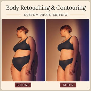 Puede incluir: Una comparaci&oacute;n lado a lado para retoque corporal y contorneado en edici&oacute;n fotogr&aacute;fica personalizada. La imagen izquierda etiquetada BEFORE muestra a una persona en un conjunto oscuro de dos piezas, la derecha AFTER muestra la silueta editada.