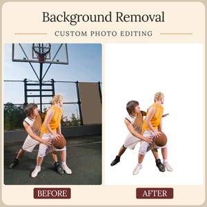 May include: A side-by-side comparison showing background removal service. The left side displays two basketball players on an outdoor court. The right side shows the same two players isolated against a plain white background with no court.