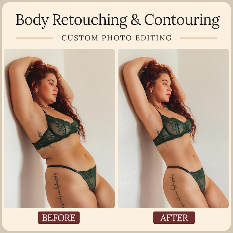 Puede incluir: Un gr&aacute;fico comparativo lado a lado titulado Body Retouching & Contouring Custom Photo Editing. El lado izquierdo etiquetado Before y el derecho etiquetado After muestran a una persona con cabello largo y rojo usando un conjunto de lencer&iacute;a de encaje verde oscuro.